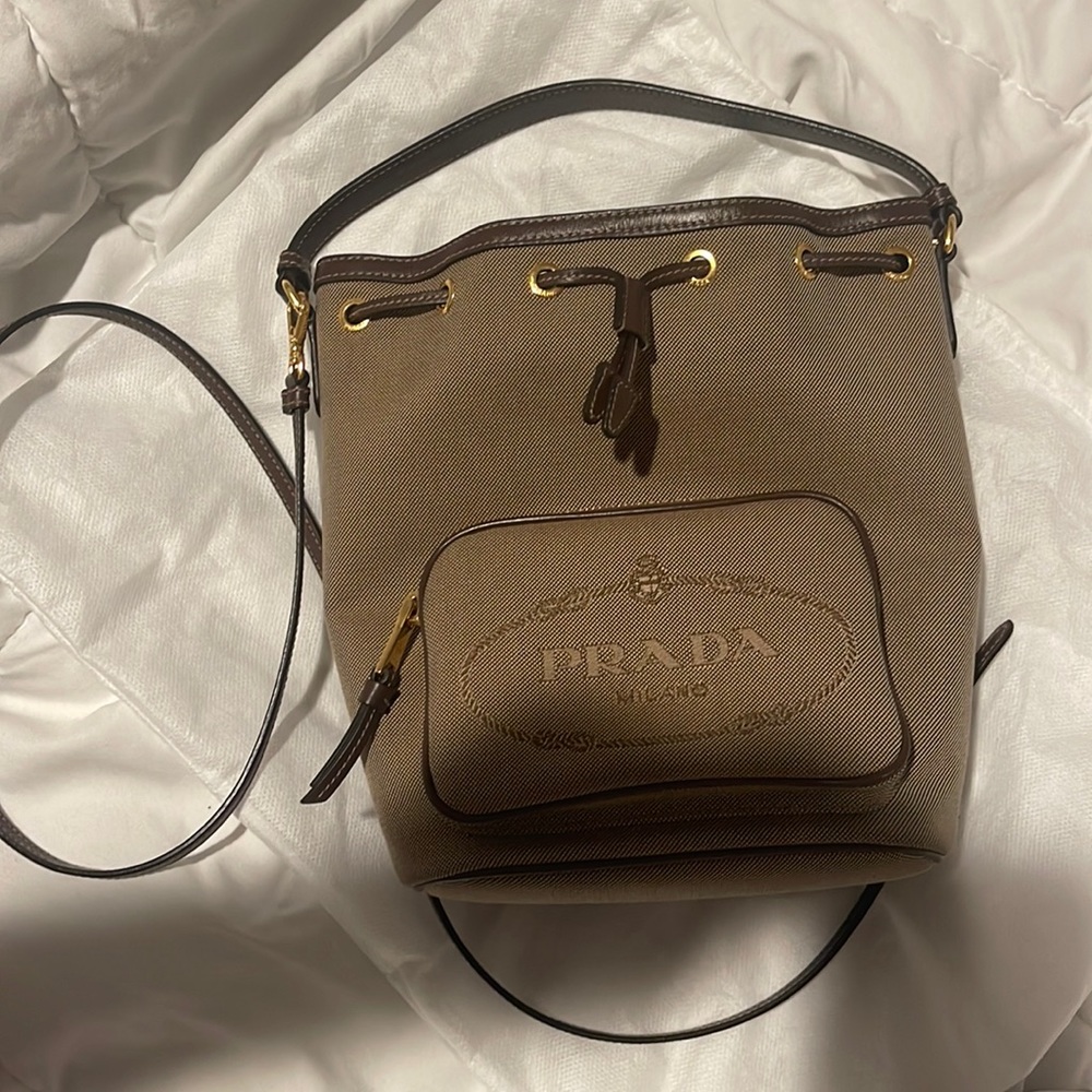 Prada Brown Bucket Crossbody Bag with Gold Hardware